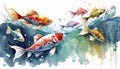 Watercolour Illustration of Colourful Fish Swimming in Water Pond. Generative AI