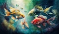 Watercolour Illustration of Colourful Fish Swimming in Water Pond. Generative AI