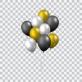 Beautiful realistic vector with a pack of golden, silver and black flying party balloons on transparent background Royalty Free Stock Photo