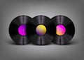 Beautiful, realistic vinyl records with vibrant multicolor labels on gray background