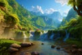 beautiful and realistic waterfall in midst of forest mountains generated by ai