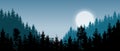 Beautiful realistic widescreen vector with dark green forested mountains and a rising moon Royalty Free Stock Photo