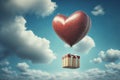 Beautiful red air balloon heart shape against blue sky. Romantic trip on Valentine\'s Day. Illustration Royalty Free Stock Photo