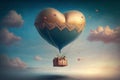 Beautiful red air balloon heart shape against blue sky. Romantic trip on Valentine\'s Day. Illustration Royalty Free Stock Photo