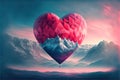 beautiful red air balloon heart shape with mountain view. Generative AI