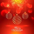 Beautiful red background with hanging golden christmas balls