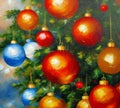 Beautiful red blue oil painted shiny and matte Christmas balls shine on a spruce branch. Happy New Year. Merry Christmas Royalty Free Stock Photo