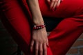 Beautiful red bracelets made of stones and minerals, women`s accessories Royalty Free Stock Photo
