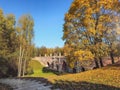 Beautiful red brick Greenhouse bridge in Tsaritsino Park