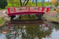 Beautiful red bridge in japanese garden. Wooden bridge reflected in the tranquil water. Amazing landscape during the autumn season Royalty Free Stock Photo