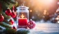 Beautiful a red candle in a jar near the Christmas tree and Christmas ornament decoration used for banner and background or Royalty Free Stock Photo