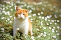 Beautiful red cat rests in wild spring flowers anemones Royalty Free Stock Photo