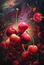 Beautiful red cherries, vertical decorative illustration, printable wall art. Generative AI