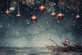 Beautiful red Christmas balls, rowan branches on a blue snowy background. Christmas banner, card. Scene, copy space for text Royalty Free Stock Photo