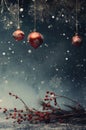 Beautiful red Christmas balls, rowan branches on a blue snowy background. Christmas card. Scene, copy space for text Royalty Free Stock Photo