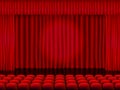 Beautiful red cinema hall with seats facing red folded curtain drapes on a black stage vector Royalty Free Stock Photo