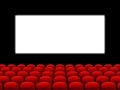 Beautiful red cinema hall with seats facing a white screen on a black stage vector Royalty Free Stock Photo