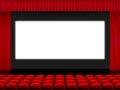 Beautiful red cinema hall with seats facing a white screen between red folded curtain drapes on a black stage vector Royalty Free Stock Photo