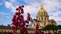 Beautiful red colored blossom of poisonous ricinus communis in front of historic Les Invalides cathedral in Paris.