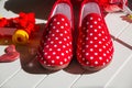 Beautiful red colorful children`s shoes in the peas. lie on a white wooden floor.red colorful child boots in peas Royalty Free Stock Photo