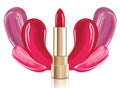 Beautiful red cosmetic lipstick with lid in gold and red liquid foundation smears on background. Isolated on white.