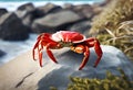 a beautiful red crab sitting on a big rock of a seashore.