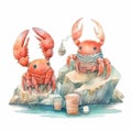 Beautiful red crabs watercolor illustration Sea animals