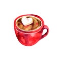 Beautiful Red Cup. Hot Chocolate And Marshmallows. Watercolor Illustration.