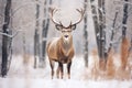 Beautiful red deer with large antlers standing in the snowy forest, Noble deer male in winter snow forest. Artistic winter Royalty Free Stock Photo