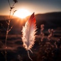 Beautiful red feather of a bird hangs in the air against a background of sunset sky close up, unusual composition, Royalty Free Stock Photo