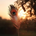 Beautiful red feather of a bird hangs in the air against a background of sunset sky close up, unusual composition, Royalty Free Stock Photo