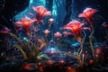 Beautiful red flowers in the aquarium. Underwater world. 3d rendering, Abstract fantasy space plants and glowing flowers, AI