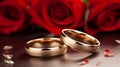 Beautiful red gold wedding rings placed amidst vibrant red roses and soft bokeh background Royalty Free Stock Photo