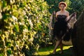 A beautiful red-haired girl in a black lace dress walks in the garden, barefoot on the green grass. Royalty Free Stock Photo