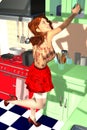 Beautiful red-haired girl cleans the kitchen