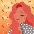 Beautiful red haired girl leaning on her hand with closed eyes, daydreaming, with autumn leaves falling and clouds. Royalty Free Stock Photo