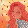 Beautiful red haired girl leaning on her hand with closed eyes, daydreaming, with autumn leaves falling and clouds. Royalty Free Stock Photo