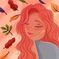 Beautiful red haired girl leaning on her hand with closed eyes, daydreaming, with autumn leaves falling and clouds. Royalty Free Stock Photo