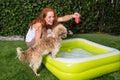 Beautiful red-haired woman plays with her dog in the garden Royalty Free Stock Photo
