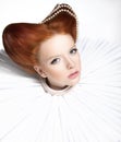 Beautiful Red Head Duchess in Jabot - Retro Style. Dramatic Theatrical Makeup. Masquerade