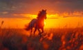 Beautiful red horse runs gallop on the field with yellow flowers on sunset background Royalty Free Stock Photo