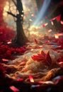 Beautiful Red Leaves on The Ground Law Ethereal Macro Photography Bokeh Background AI Generative