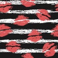 Beautiful red lips on a background of black stripes. Seamless pattern. Lip print. Kisses. Freehand drawing Royalty Free Stock Photo