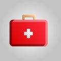 Beautiful red medical first aid kit icon with a cross for healing wounds on a white background