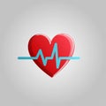 Beautiful red medical healing heart with pulse and cardiogram on a white background