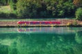 Beautiful red modern high speed train and river in mountains Royalty Free Stock Photo