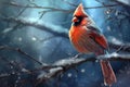 Beautiful red northern cardinal bird sitting on a snowy branch in thewinter forest Royalty Free Stock Photo