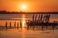 Beautiful red and orange sunset over the sea. The sun goes down over the sea. A flock of cormorants sits on a old sea pier in Royalty Free Stock Photo