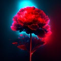 Beautiful red peony flower in neon light on dark background. Generative AI