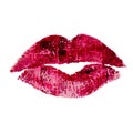 Beautiful red pink lips kiss. Woman`s lipstick trace with newspaper texture